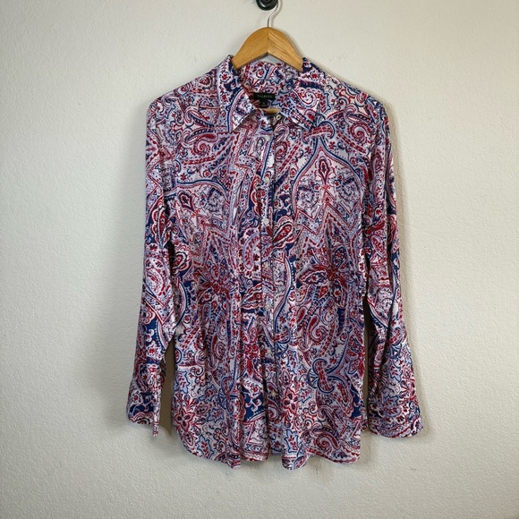 Talbots Red White Blue Paisley Long Sleeve Button Front Lightweight Blouse Top - Picture 2 of 11